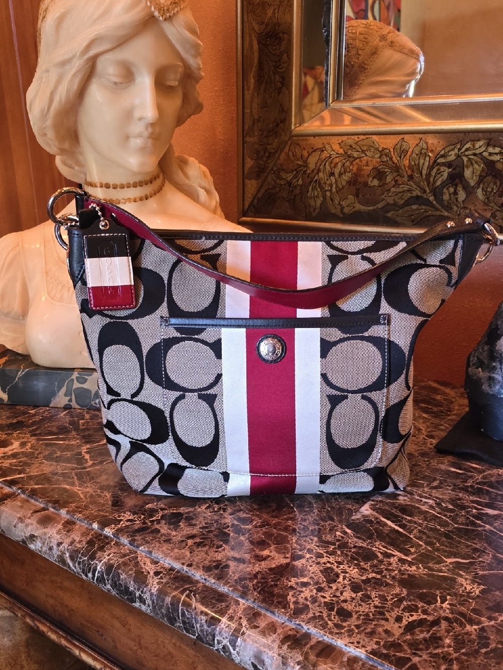 Coach Canvas Shoulder Bag in Red, Tan, Cream & Black. 14'W × 11' Tall. - Picture 1 of 16